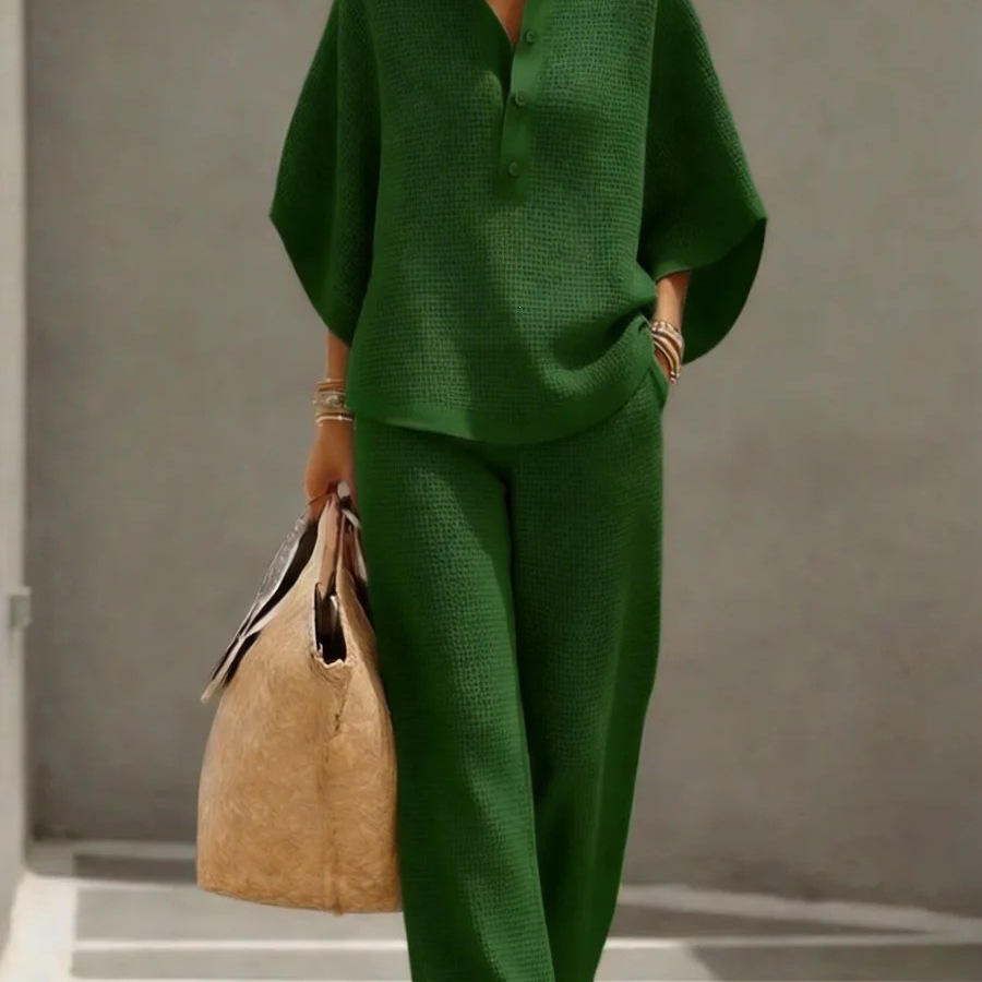 Women's Casual Waffle Knit Button Shirt & Wide-Leg Pants Set