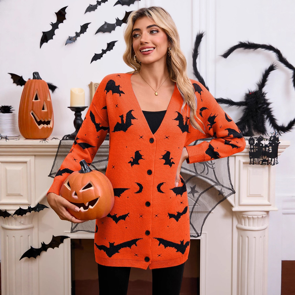 Halloween Bat Jacquard Long Sleeve Cardigan Sweater