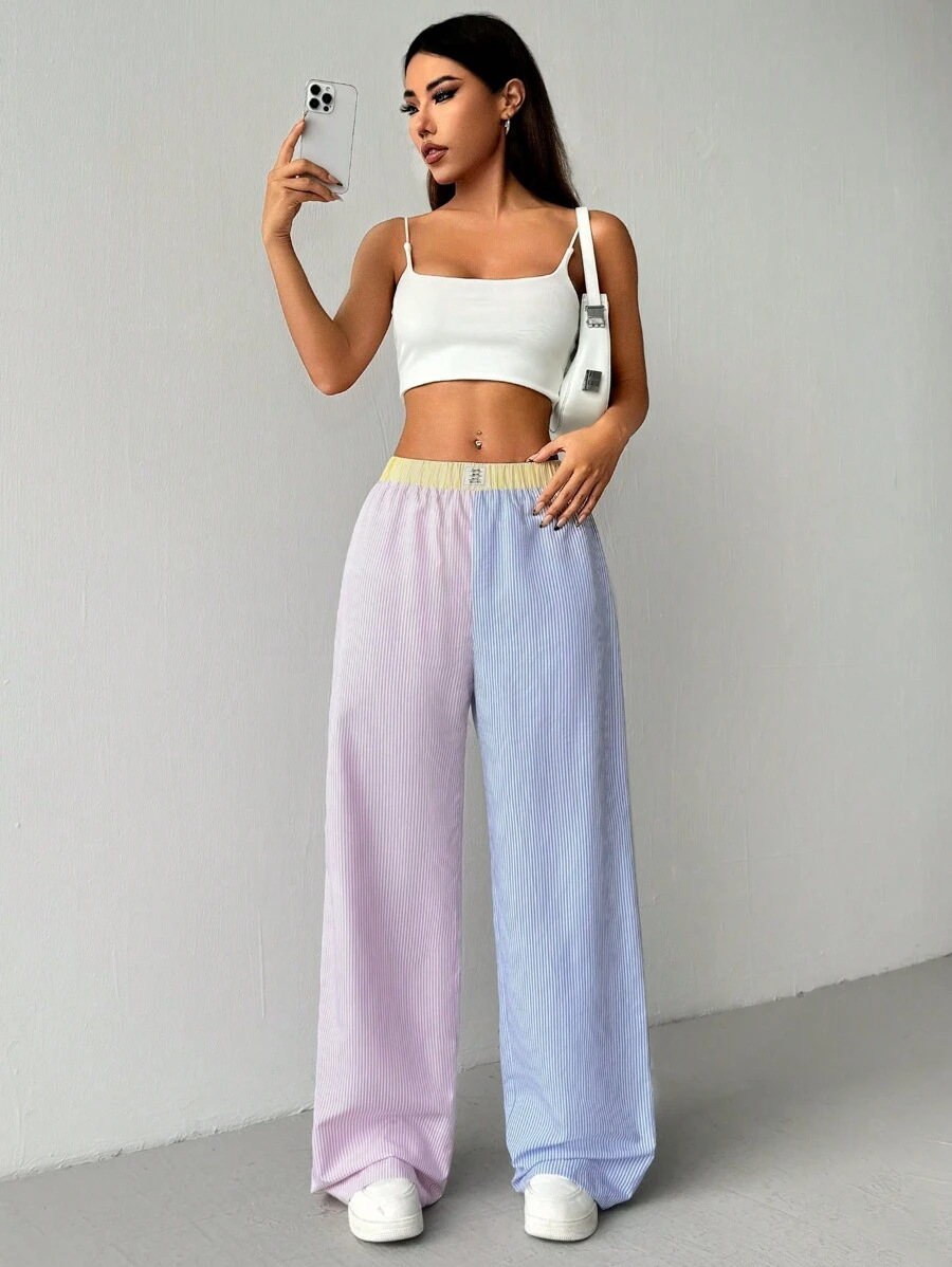 Striped Print Elastic Color-Block Waist Wide-Leg Pants