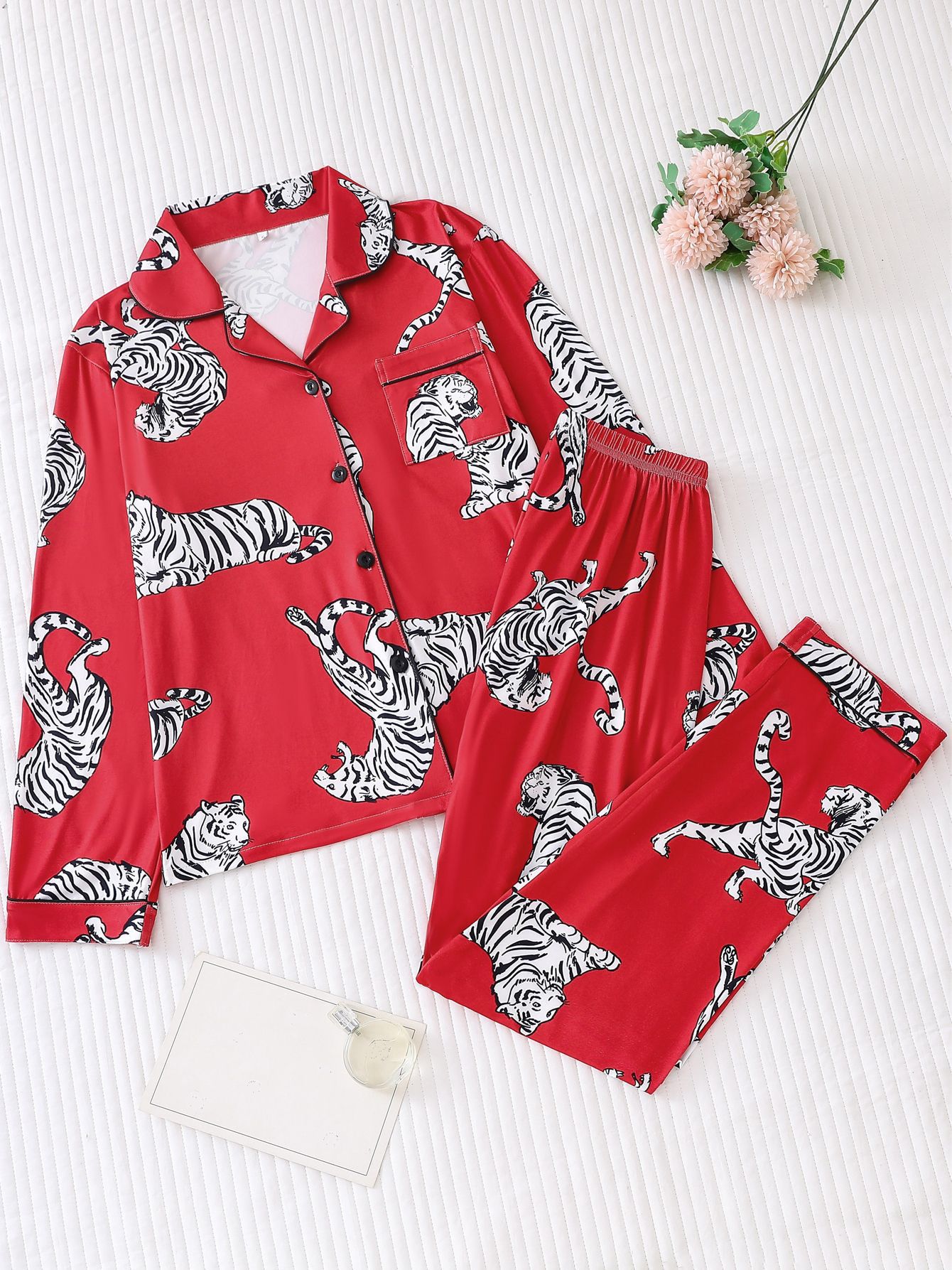 Women's Cuban Collar Leopard Print Long Sleeve Lounge Set