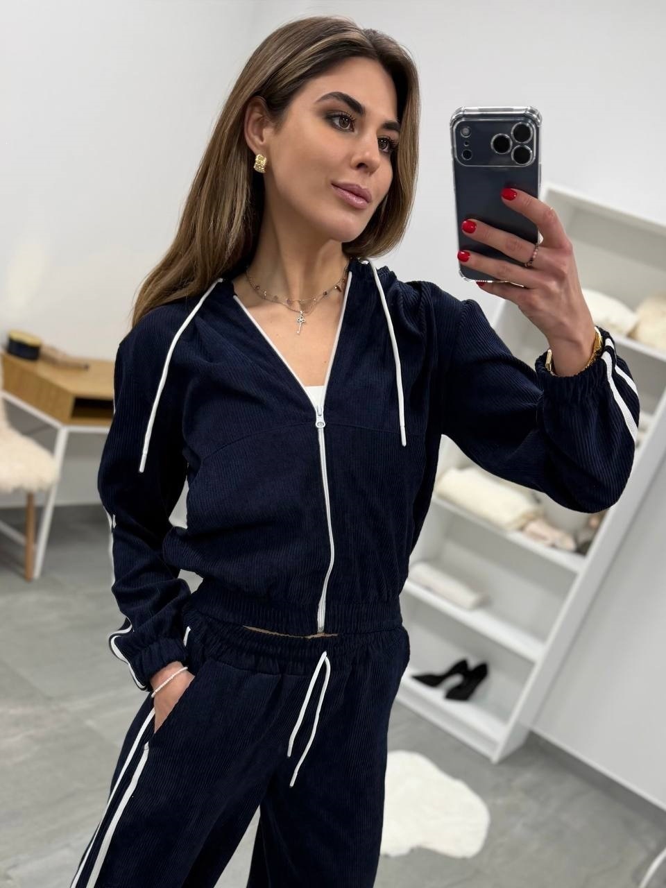 Women's Striped Two-Piece Set Long Sleeve Zip Hooded Cardigan and Pants