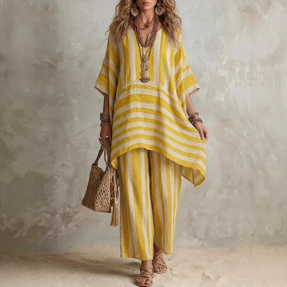 Women's V-Neck Striped Two-Piece Lounge Set