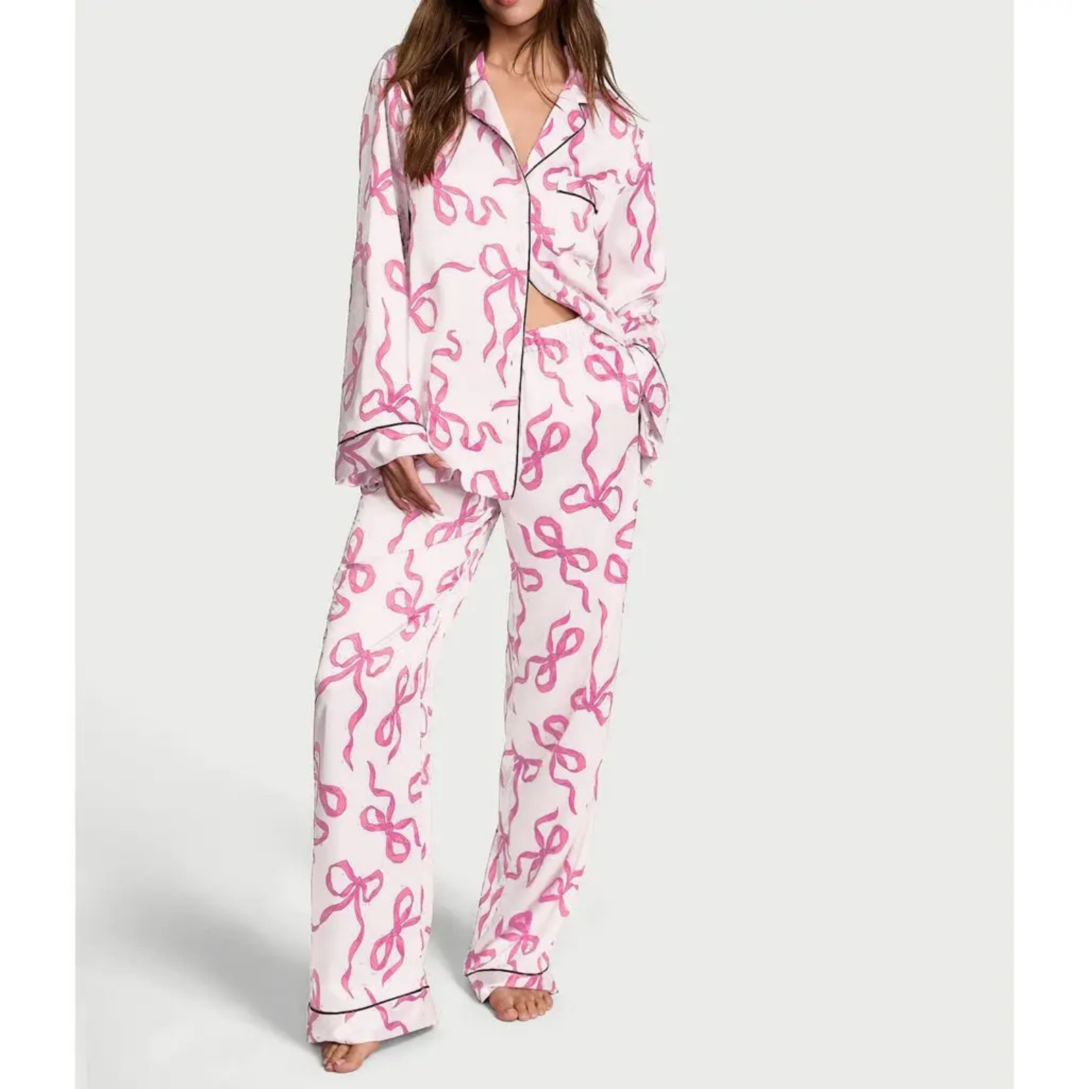 Women's Cuban Collar Bow Long Sleeve Top Set Casual Loungewear