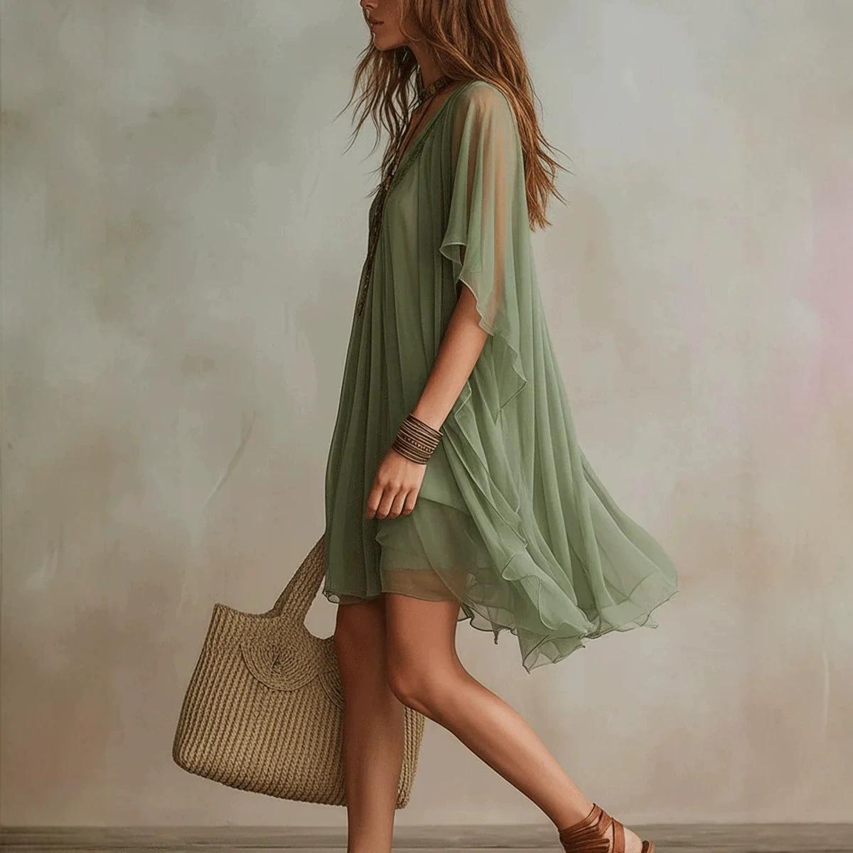 Women's V-Neck Chiffon Dress Loose Beach Cover-Up Midi