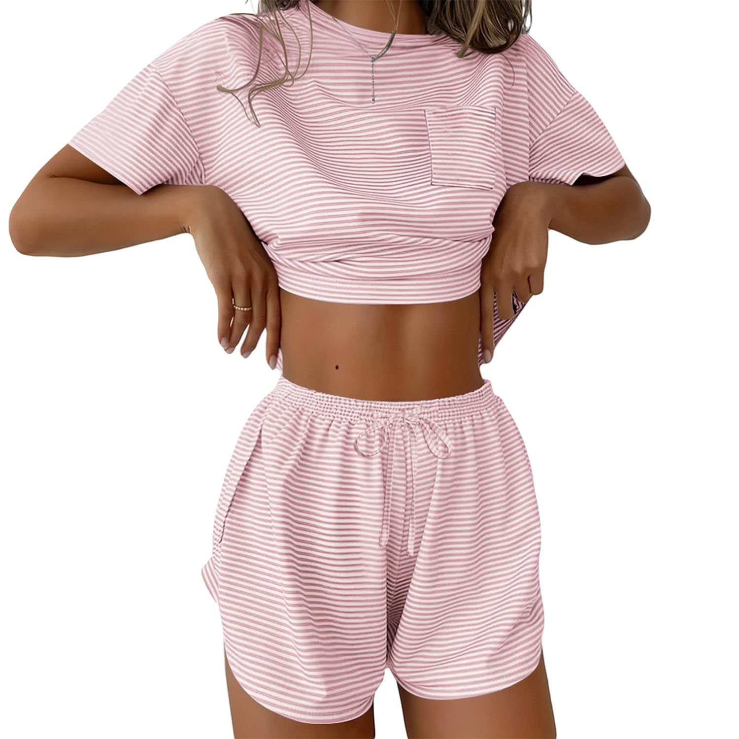 Women's Printed Leopard Stripe Short Sleeve Shorts Pajama Set