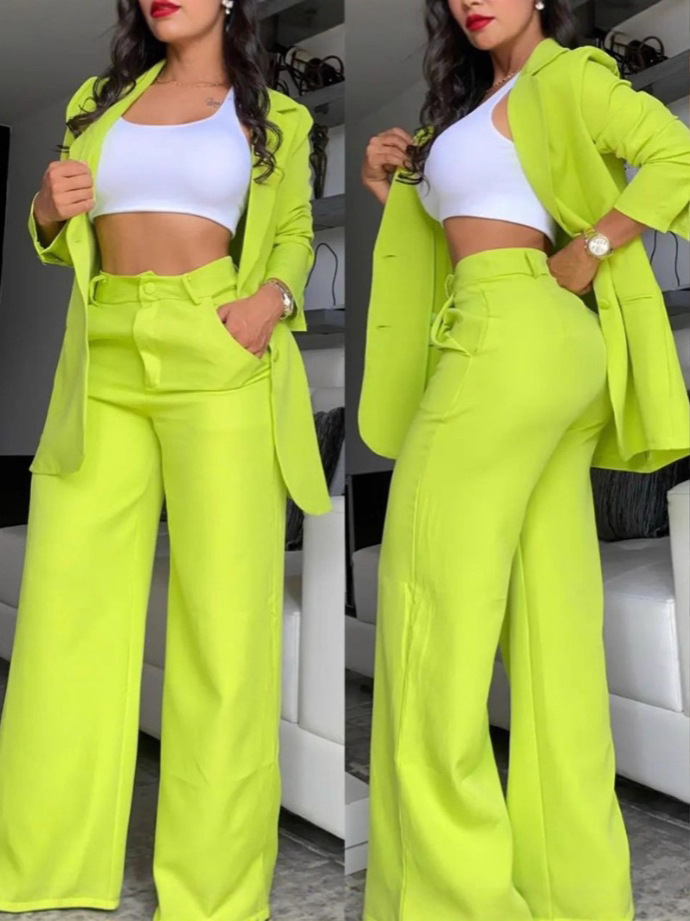 Women's Elegant Solid Color Split-Sleeve Lapel Blazer and Straight Pants Set