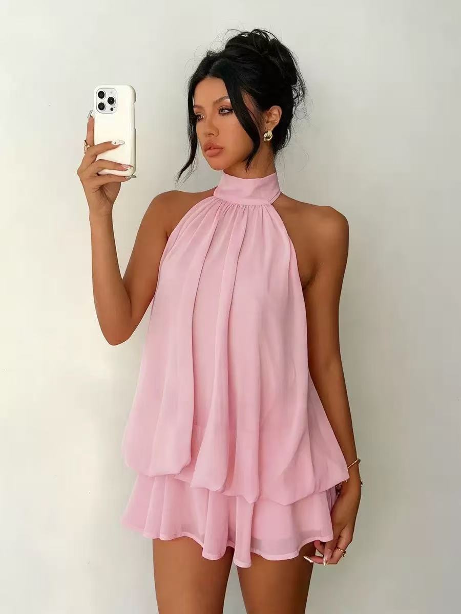 Solid Halter Neck Open Back Fitted Top Puff Skirt Mini Dress