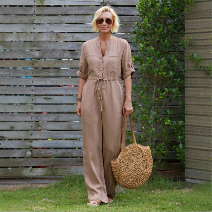 Women's Solid V-Neck Cotton-Linen Jumpsuit with Tie