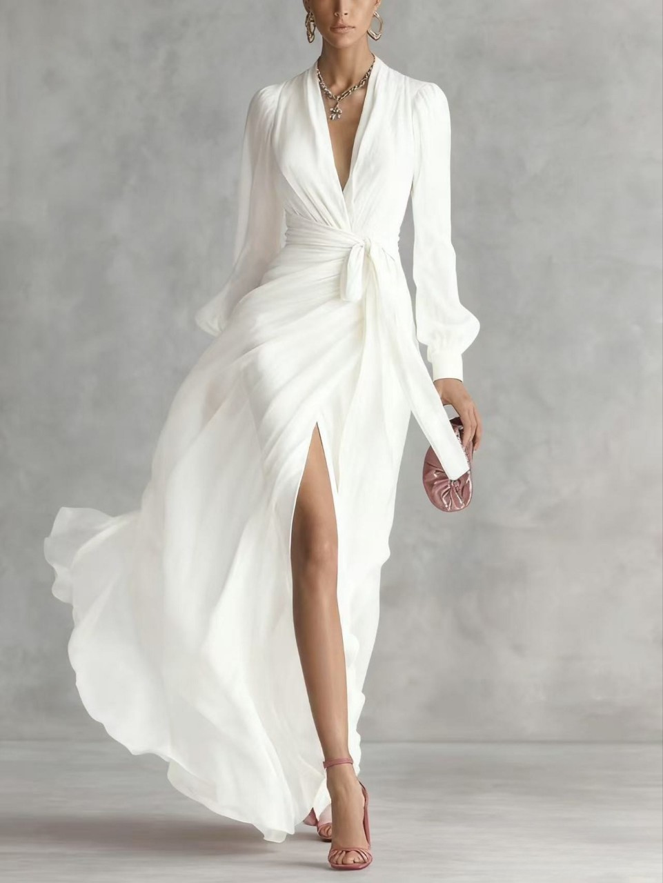 French-Style V-Neck Long-Sleeve Organdy Dress with Tie