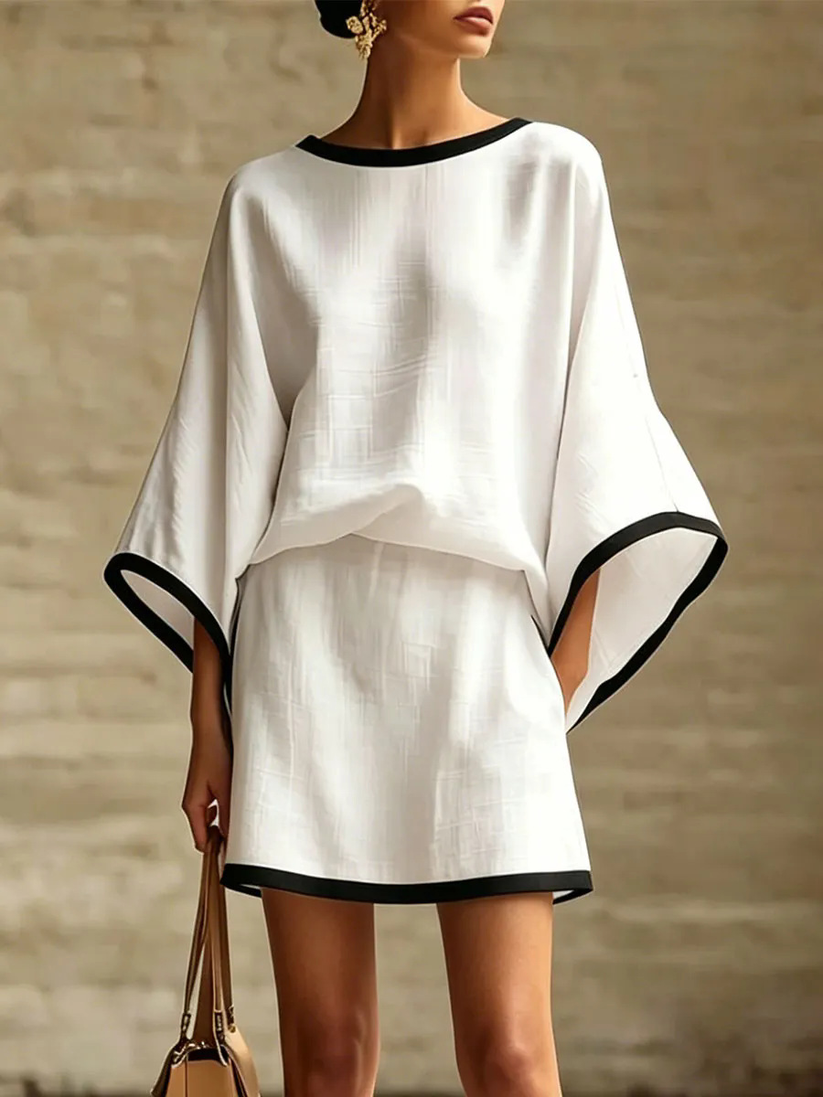 Women's Cotton-Linen Batwing Sleeve Top and Skirt Two-Piece Set