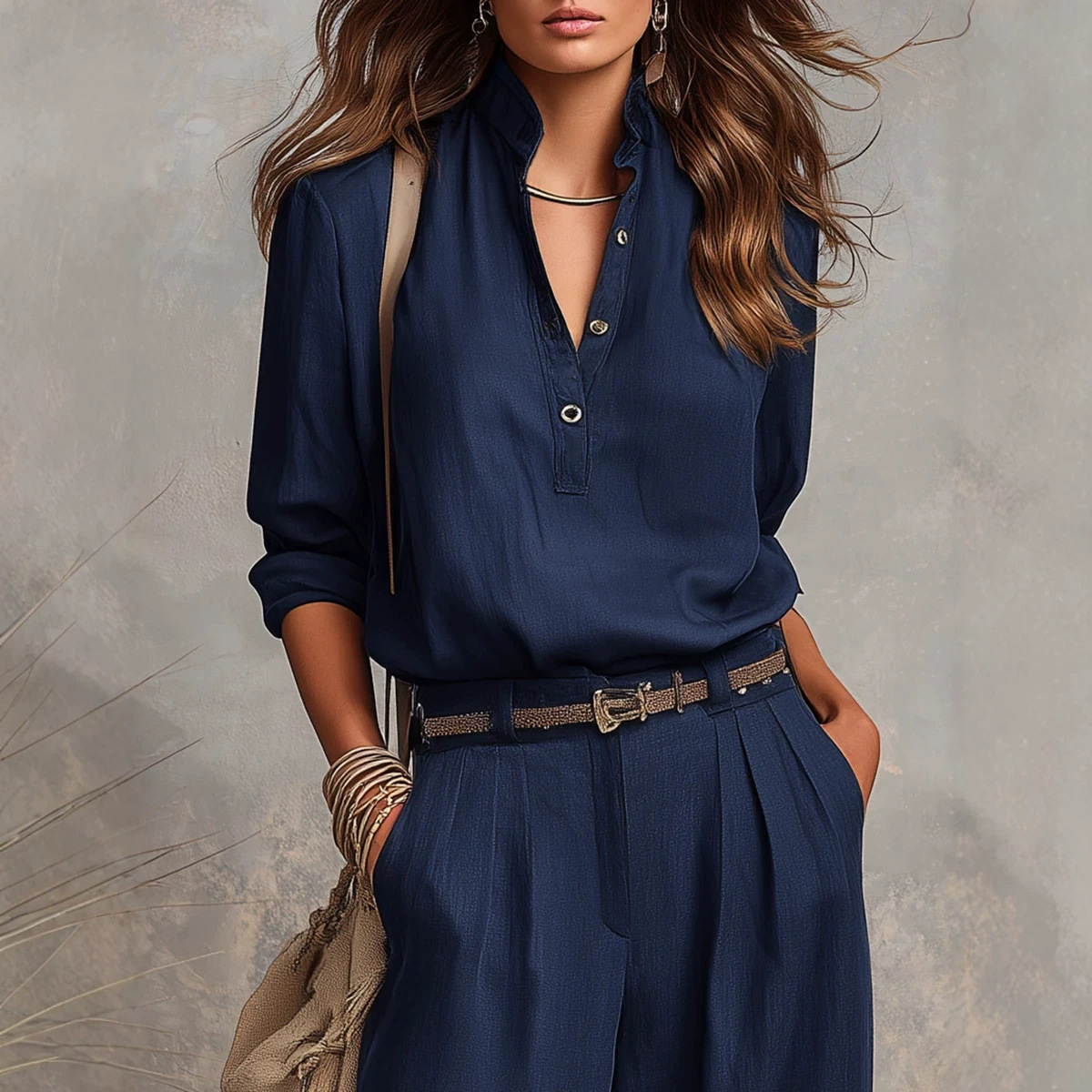 Women's Stand Collar Long Sleeve Shirt and Wide Leg Pants Two-Piece Set