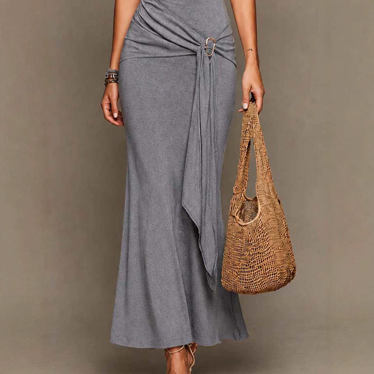 One-Shoulder Cutout Twist Knot Tie-Waist Bodycon Mermaid Maxi Dress