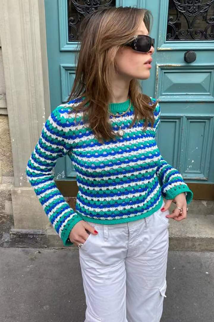 Women's Loose Hollow-Out Striped Knit Sweater with Round Neck