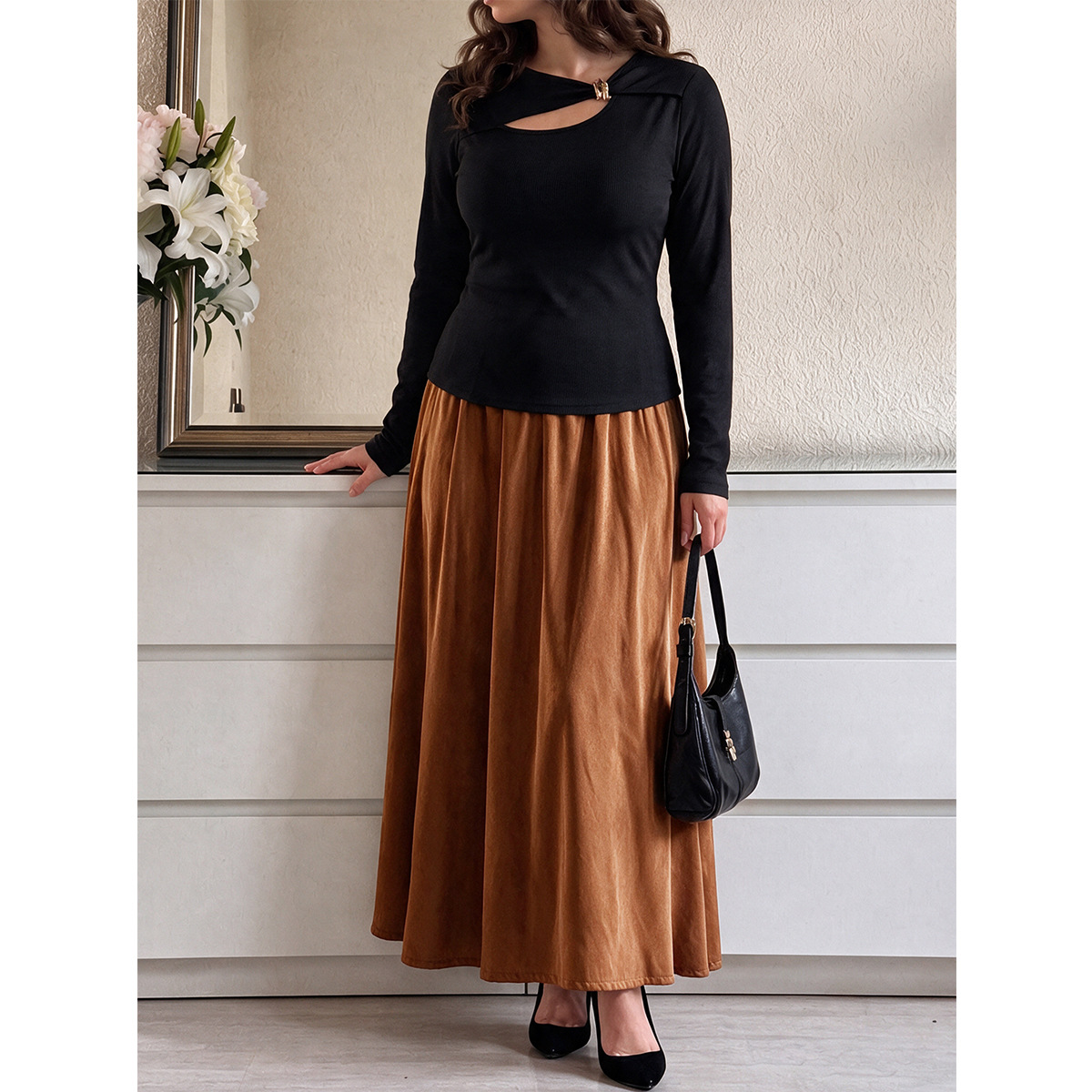 Plus Size Cutout Metal Button Long Sleeve Top & High Waist Midi Skirt Two-Piece Set
