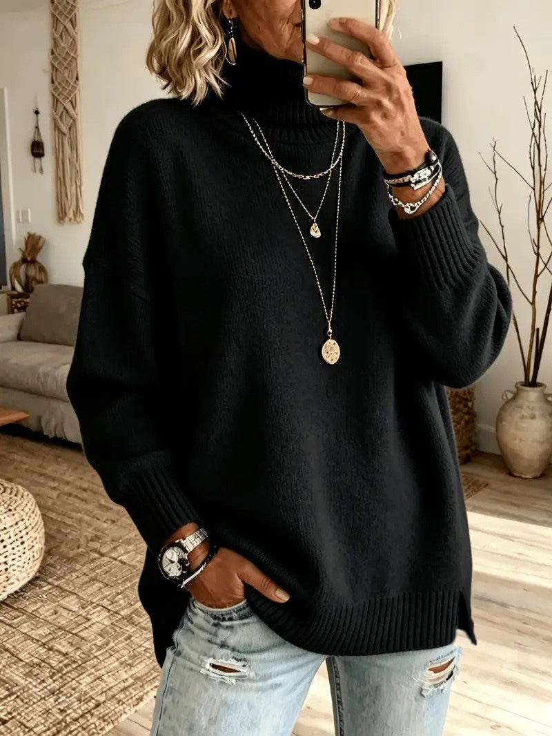 Women's Lazy Pure Color Elegant Slit Loose Turtleneck Knit Sweater