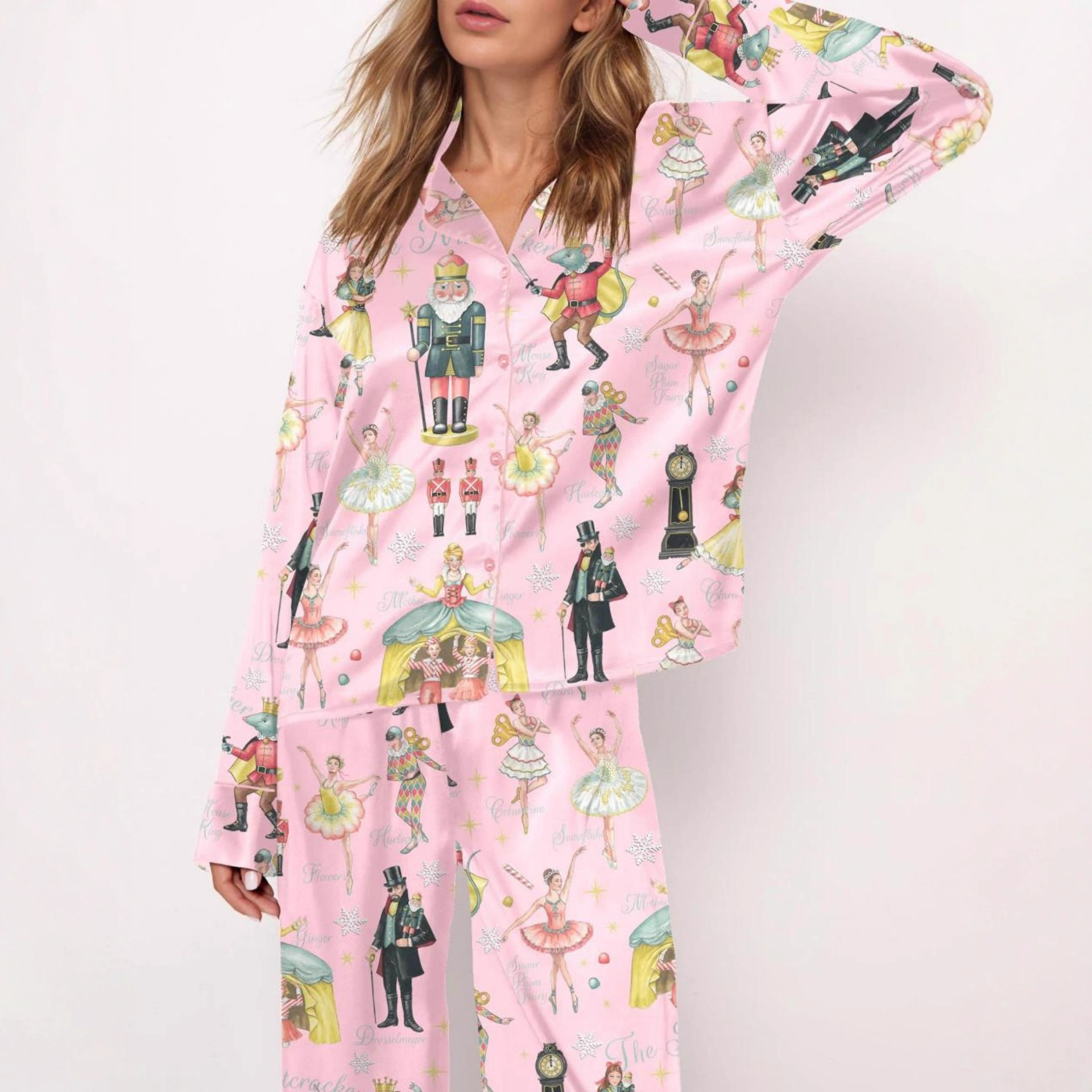 Christmas Tree Print Cuban Collar Long Sleeve Women's Set