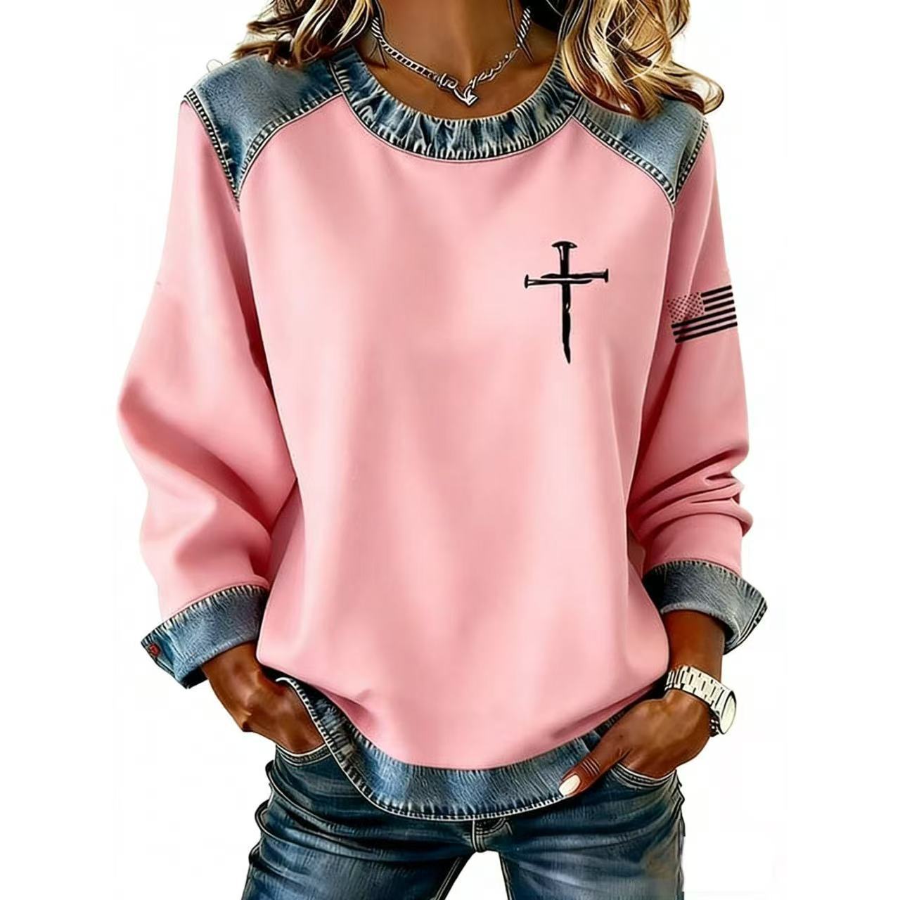 Denim Collar Colorblock Knit Pullover Sweater