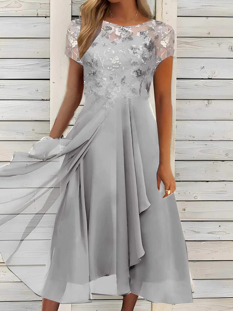 Chiffon Sequin Print Round Neck Maxi Dress