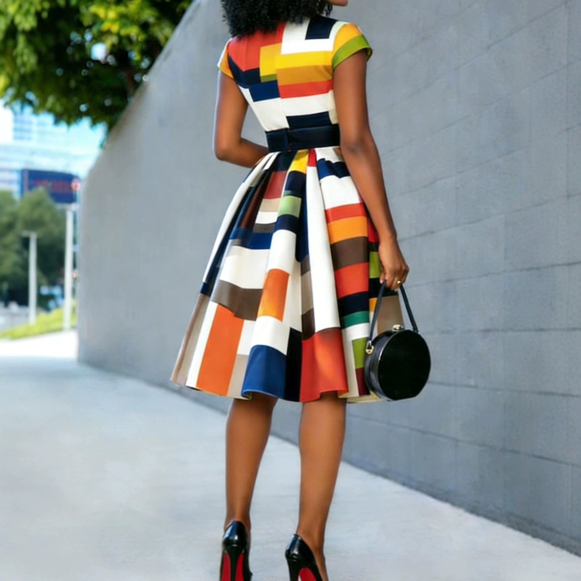 Geometric Print Round Neck Belted Midi Dress