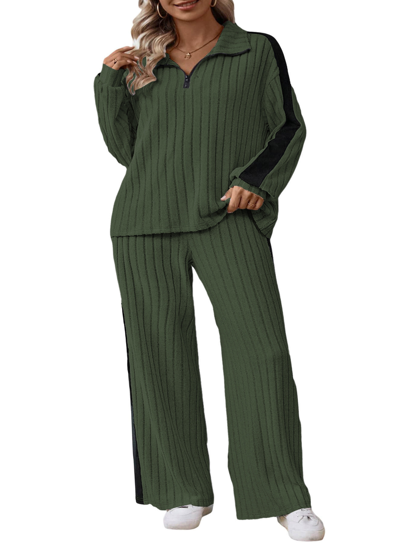Women's Plus Size Casual Two-Piece Sweatshirt and Wide-Leg Pants Set