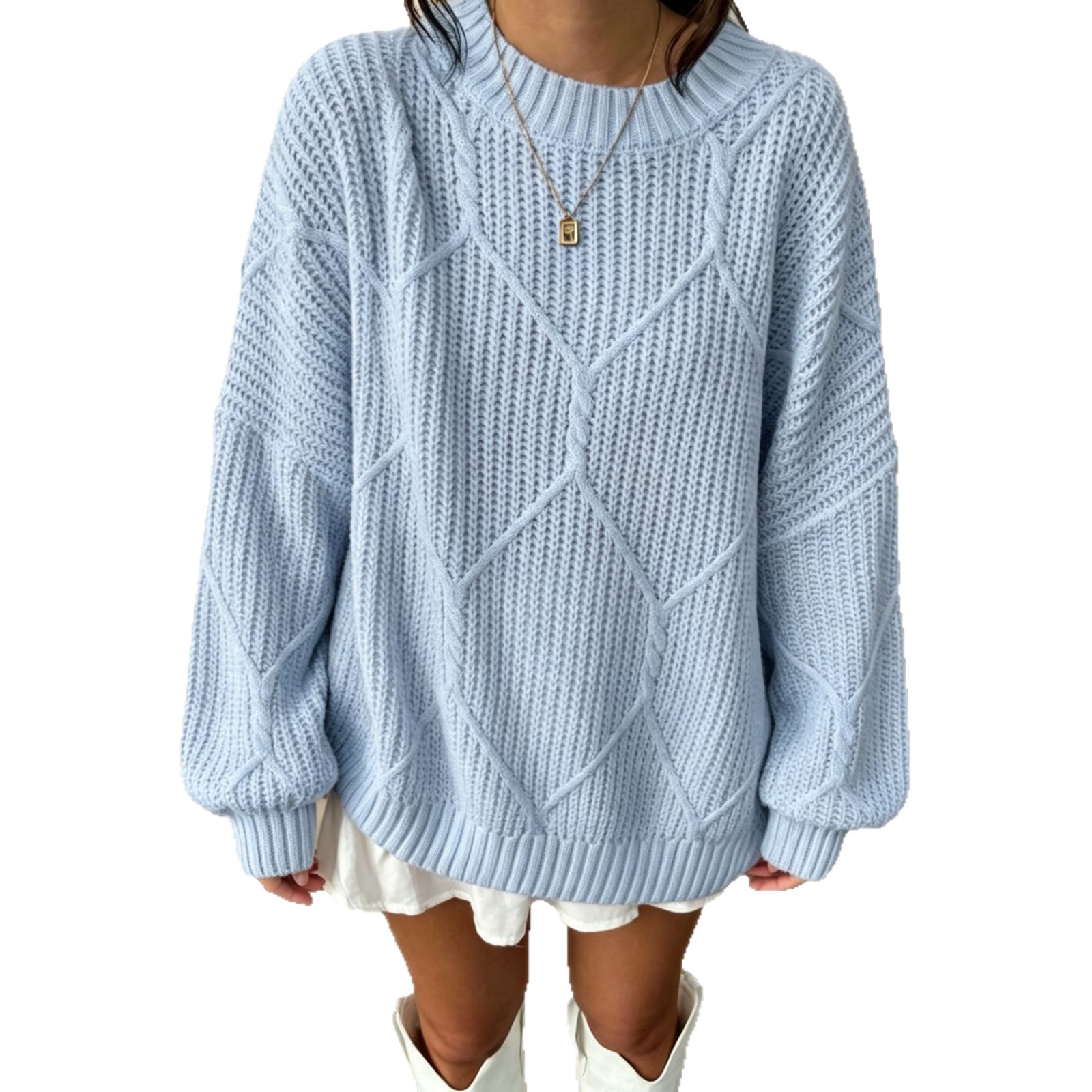 Women's Cable Knit Diamond Crewneck Pullover Sweater