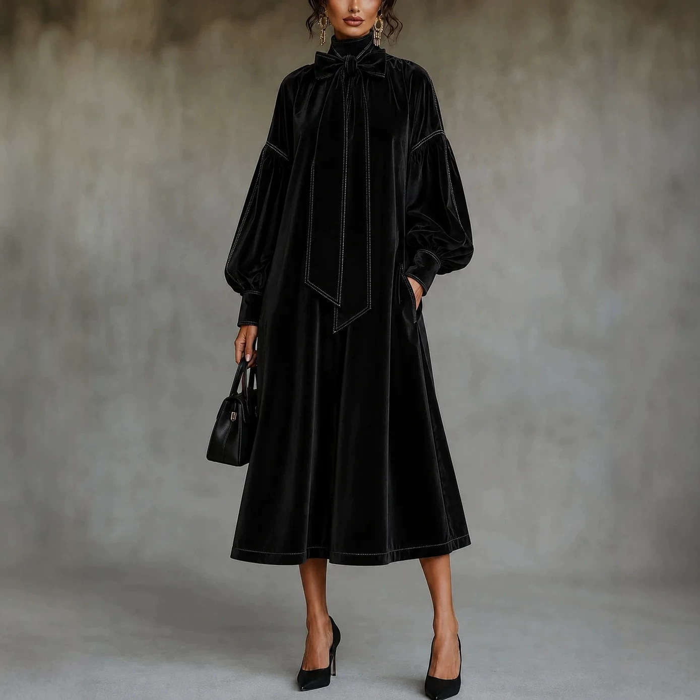 Black Velvet Bow Lantern-Sleeve Loose Midi Dress
