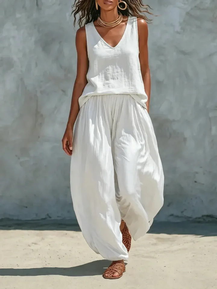 Women's Sleeveless Linen-Blend Shirt Set Casual Vacation Outfit