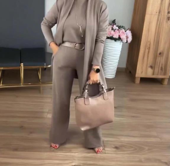 Women's Solid Color Elegant Commuter Long Sleeve Cardigan Hoodie Wide Leg Pants 3-Piece Set