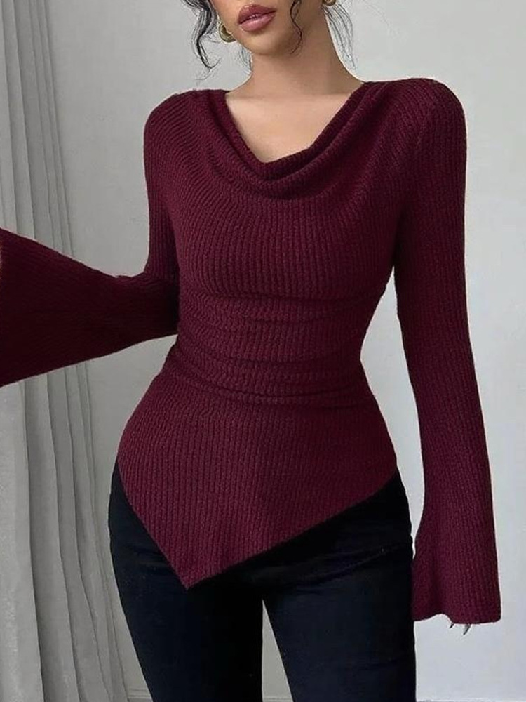 Ribbed Off-Shoulder Slim Fit Long Sleeve Knit Top