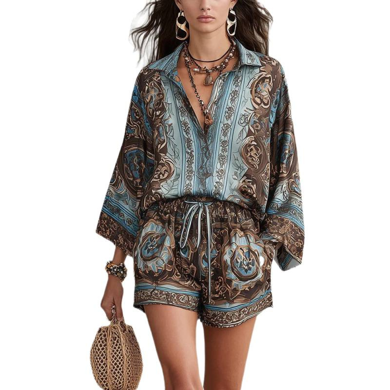 Women's Printed Long Sleeve Shorts Two-Piece Set Casual Polo Shirt Outfit
