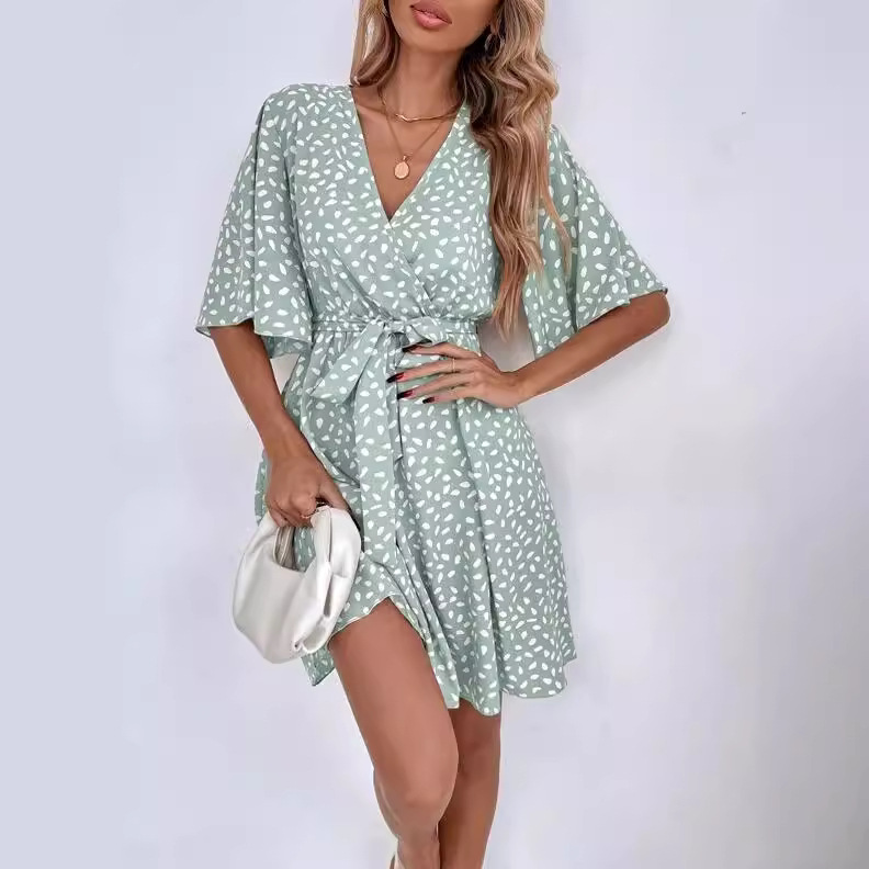 V-Neck Short Sleeve Cinched Waist Dress