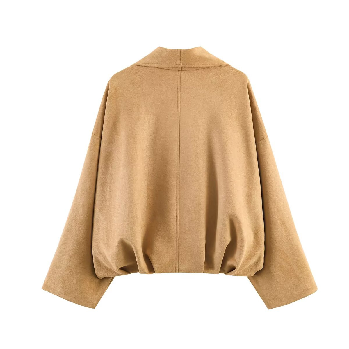 Women's Faux Suede Wrap Coat Long Sleeve Lapel Collar Khaki