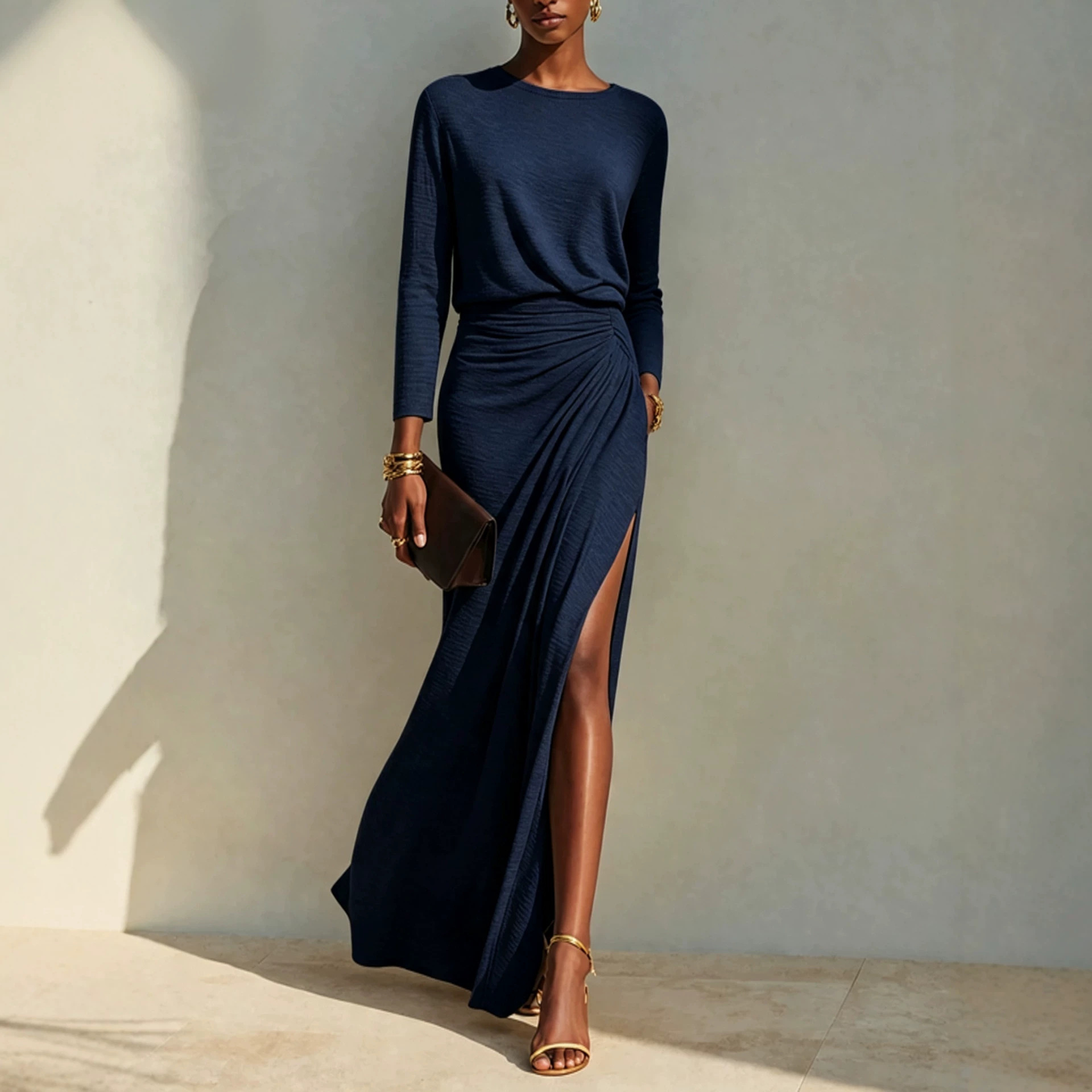 Elegant Long Sleeve Twist Waist Ruched Side Slit Party Evening Dress
