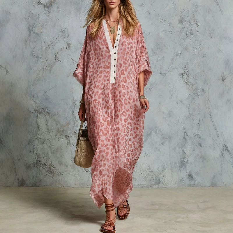 Women's Casual Loose V-Neck Long Leopard Print Dress