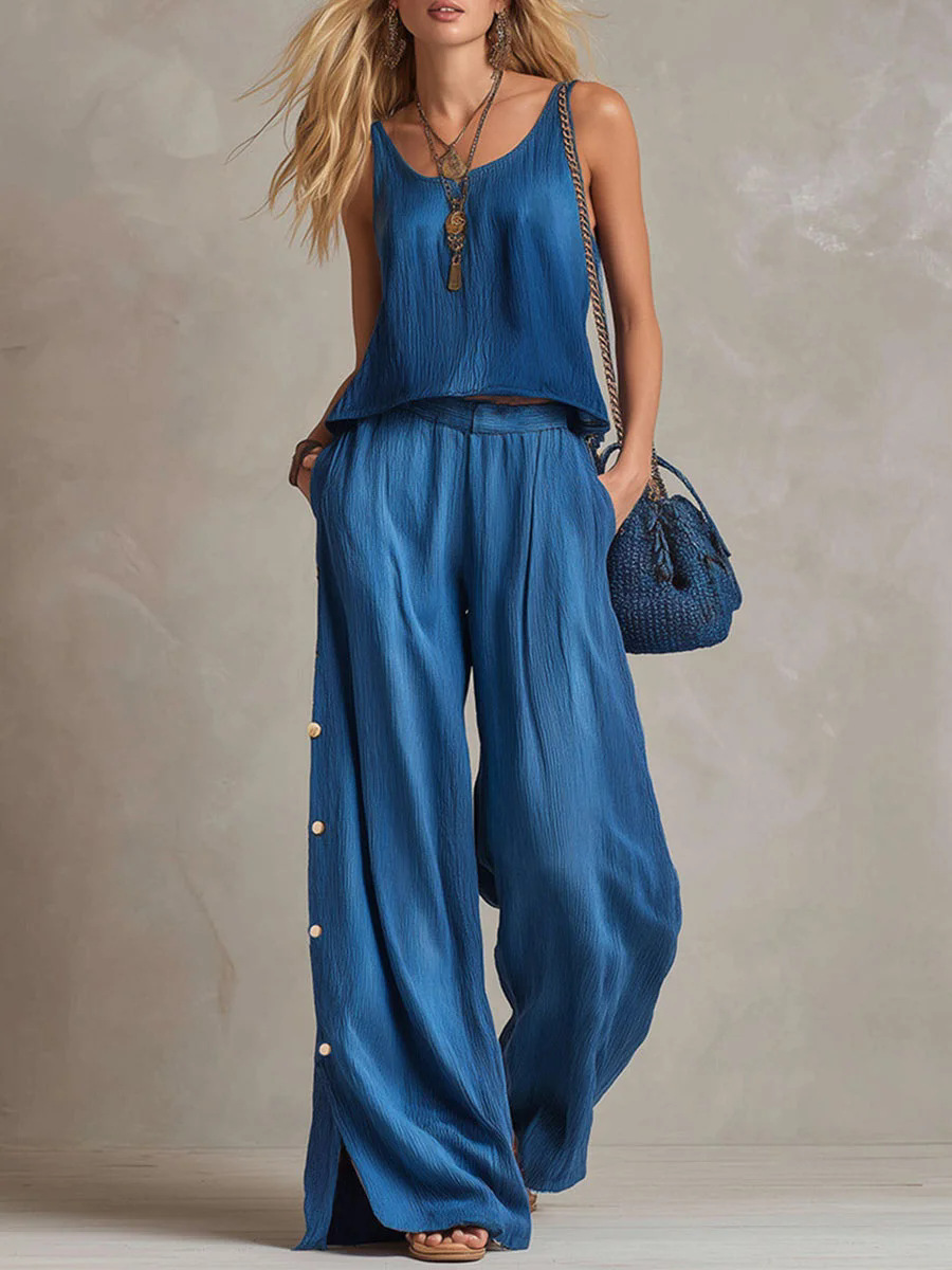 Women's Cotton Blend Sleeveless Top & Wide-Leg Pants Set