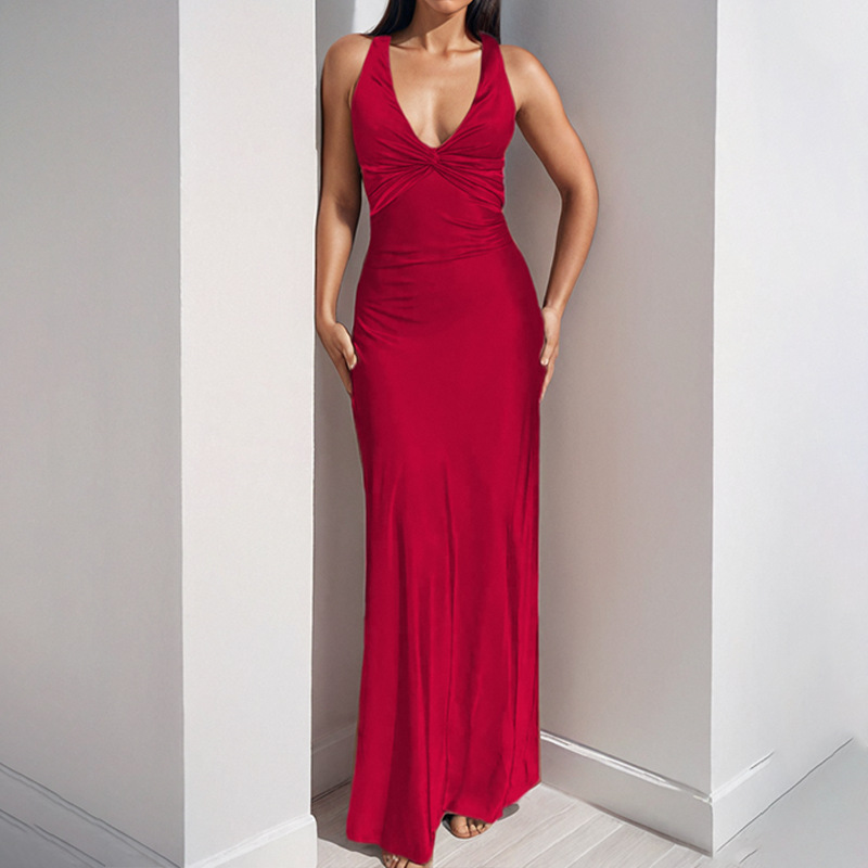 Women's V-Neck Ruched Bodycon Long Dress