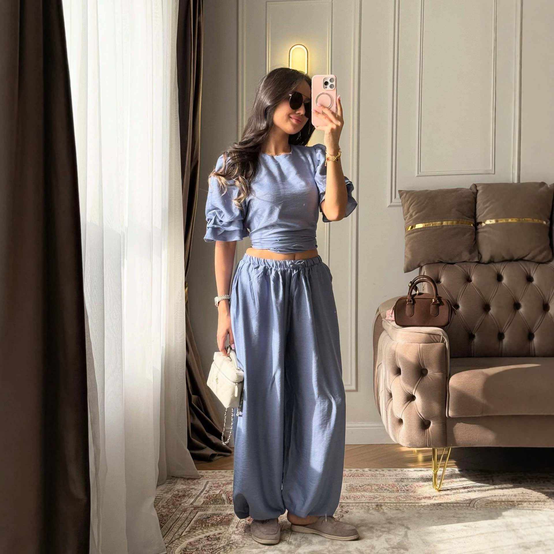 Casual Short Sleeve T-Shirt and Pants Set Solid Color Cotton Blend
