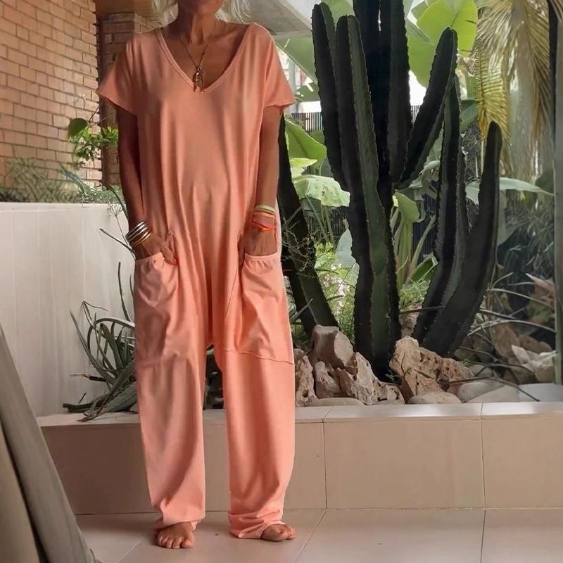 Women's Solid Color V-Neck Short Sleeve Jumpsuit with Pockets