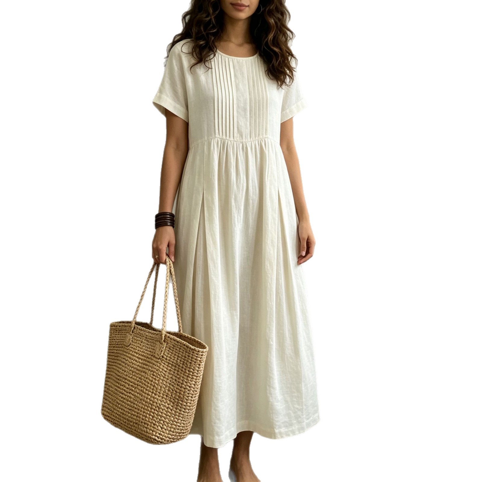 Women's Cotton Linen Short Sleeve Midi Dress Pleated Loose Solid Color