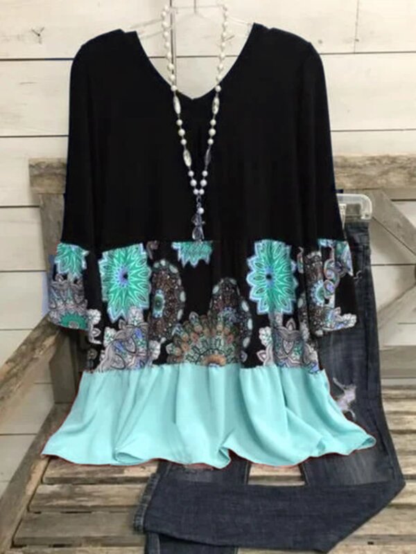 Plus Size V-Neck Floral Print Midi Dress Long Sleeve
