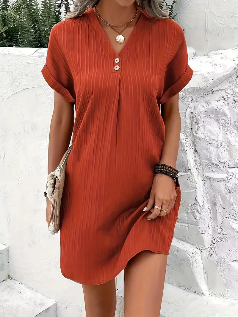 Women's Solid Short Sleeve V-Neck Button Midi A-Line Dress