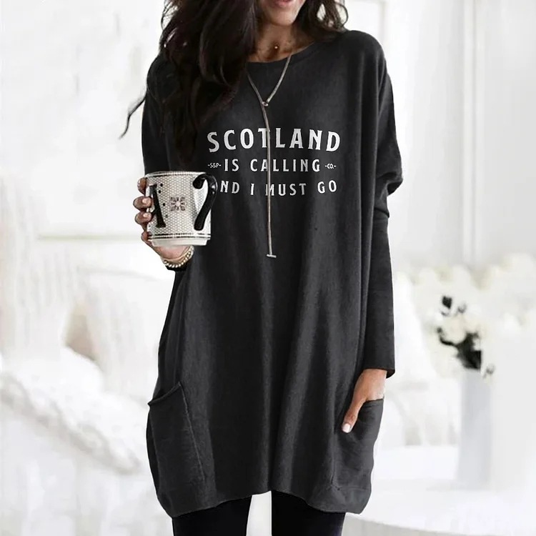Women's Animal Print A-Line Midi Dress Long Sleeve Crew Neck Casual