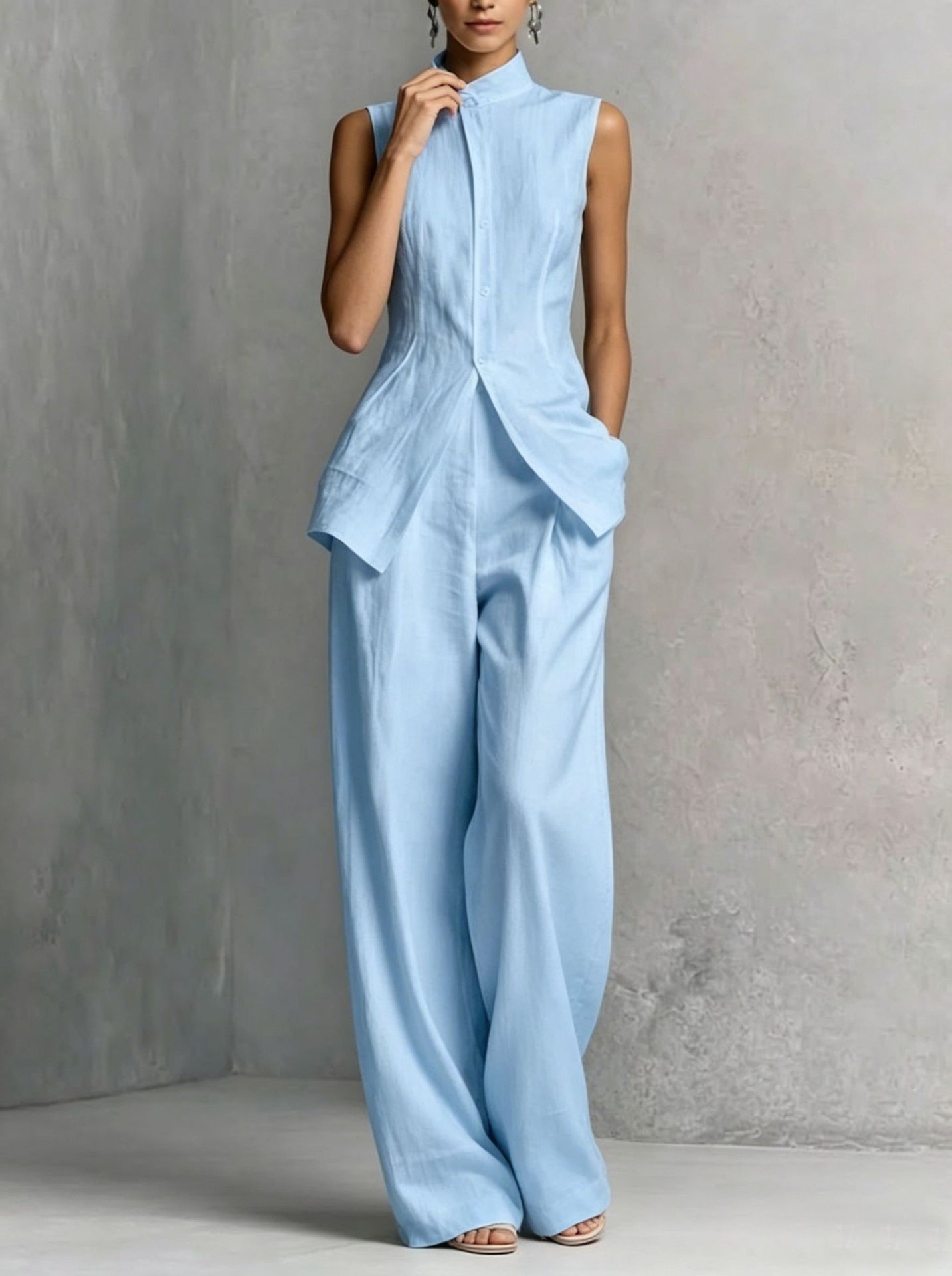 Sleeveless Cotton-Linen Shirt and Pants Set