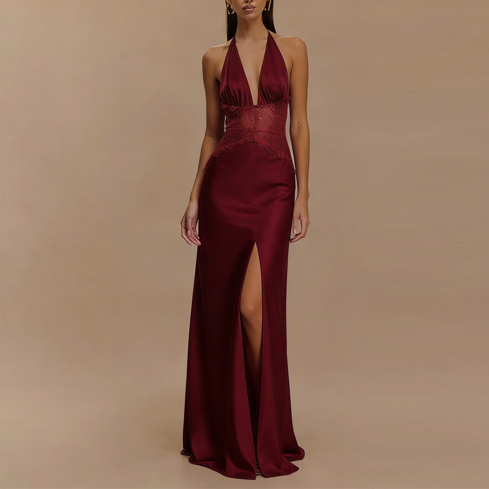 Women's Deep V Lace Sheer Backless Long Dress