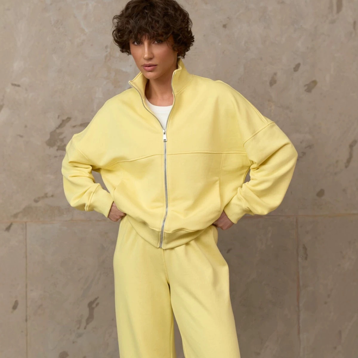 Stand Collar Zip Hoodie & Wide-Leg Sweatpants Set