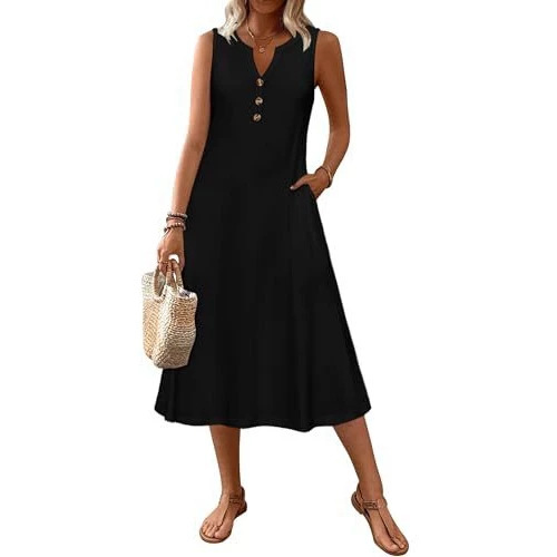 Women's Retro Striped Sleeveless Midi Dress Casual Fit