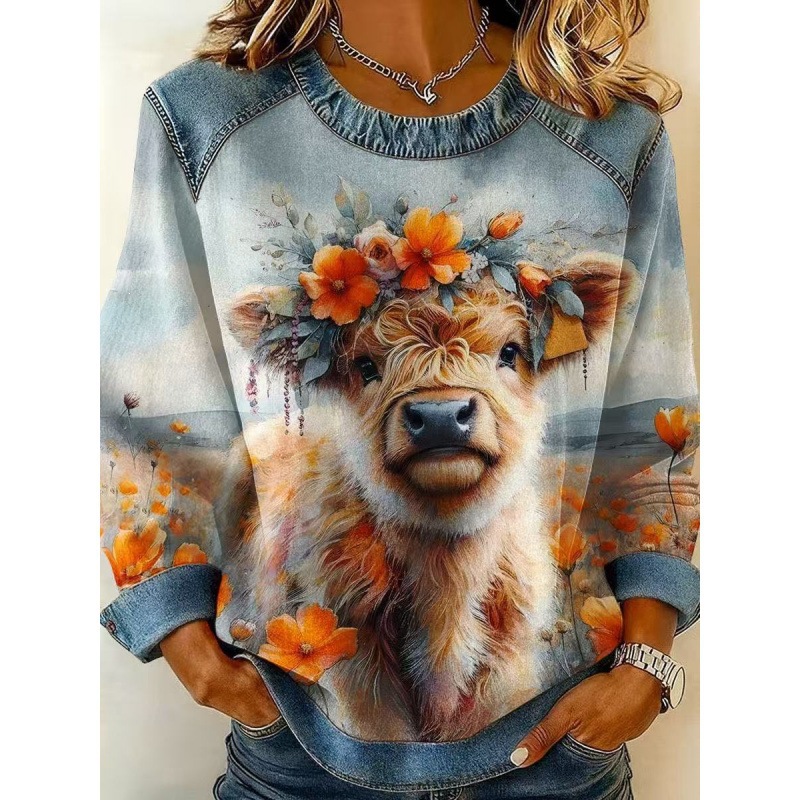 3D Print Colorblock Denim Collar Pullover Sweatshirt Women's Long Sleeve Loose Fit