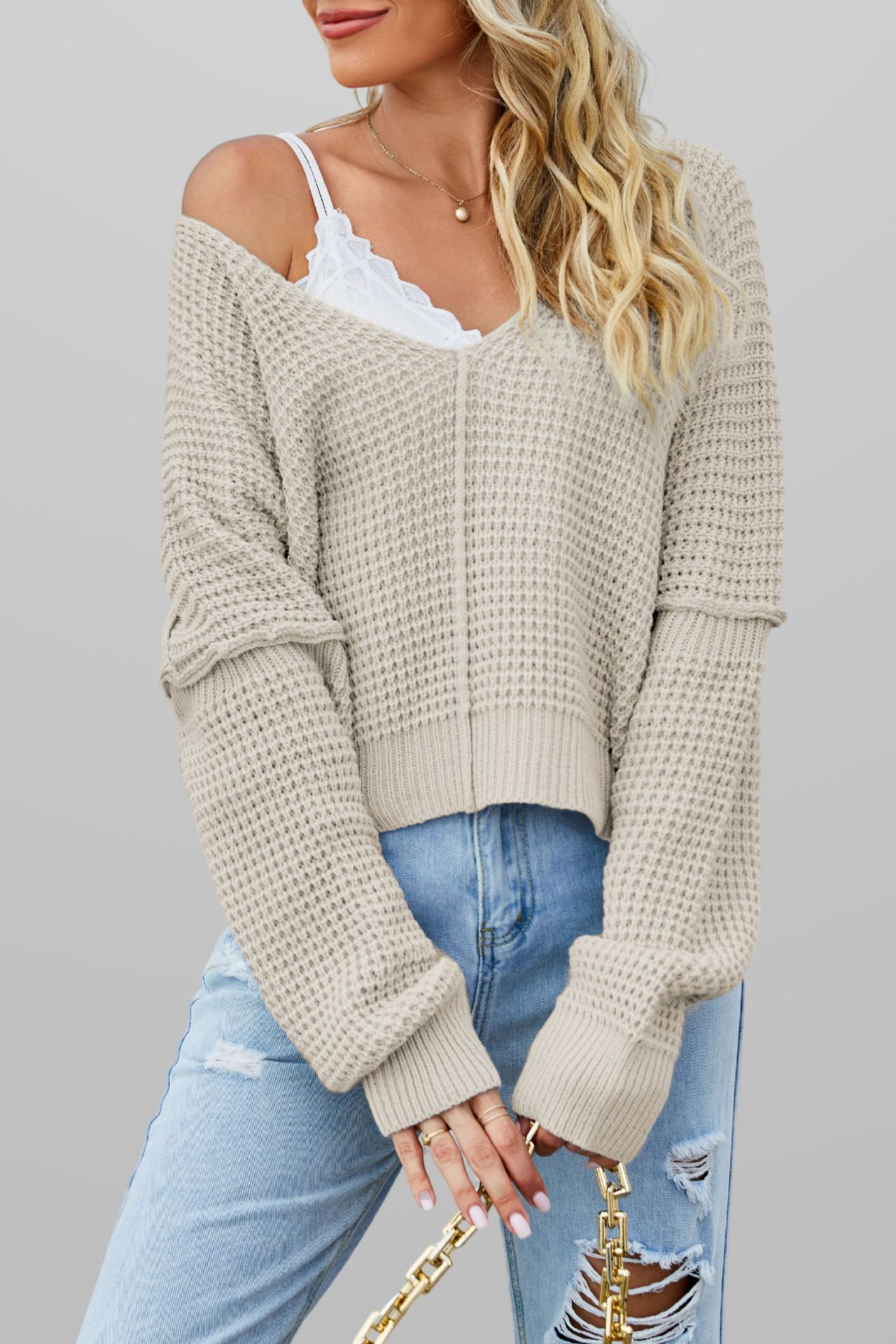 Off-Shoulder V-Neck Loose Knit Sweater