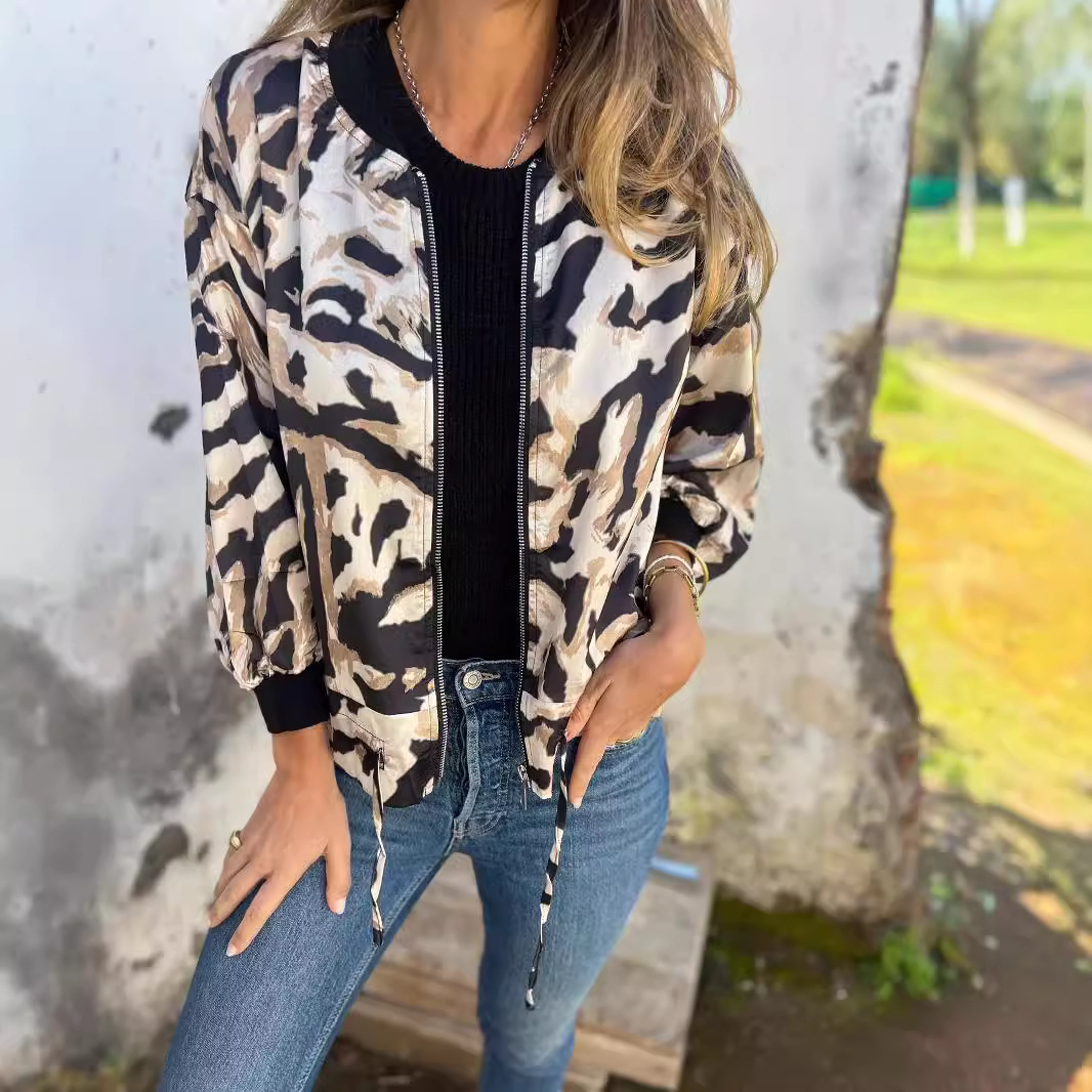 Women's Zip-Up Bomber Jacket Animal Print Casual