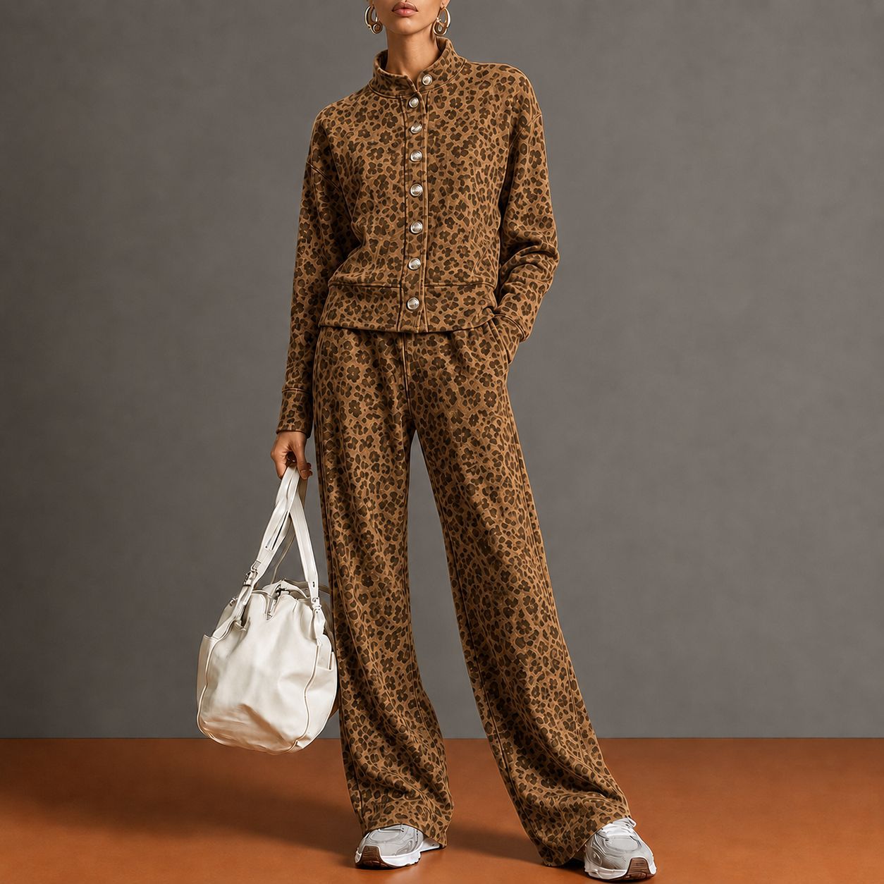 2026 Fall/Winter European and American Cross-Border Women's Vintage Leopard Print Stand Collar Single-Breasted Jacket Wide-Leg Pants Casual Set for Women